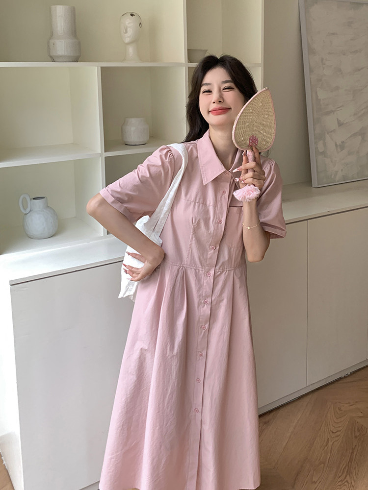法式温柔风压褶衬衫连衣裙女2025夏季新款韩版收腰显瘦甜美a字裙,女装连衣裙,浪娴服饰