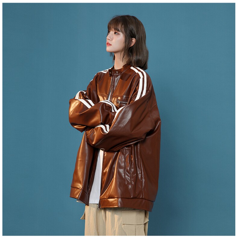 美式撞色条纹小立领PU皮衣情侣机车服夹克外套JK2315-P98控128,男装夹克,星座221-1
