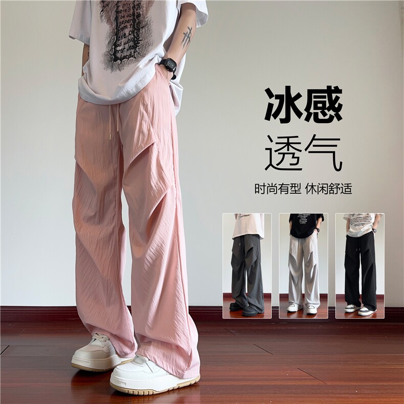 抖音品质夏季冰丝褶皱设计宽松伞兵裤B315-K007-特p25控58无差价,男装休闲裤,电商B315