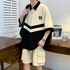 夏季港风短袖POLO衫运动休闲套装男情侣T恤短裤两件套潮6628-P60，男装Polo衫，电商A441-1