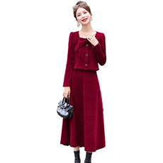 长袖连衣裙女2023年早秋季新款穿搭气质小香风灯芯绒两件套装裙，女装套装/套裙，慕咨