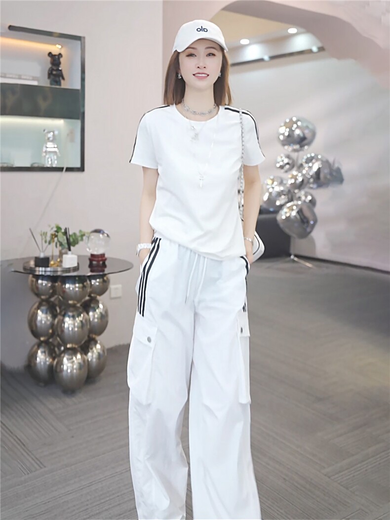 女夏季高级感休闲运动套装圆领收腰短袖上衣休闲束脚长裤两件套潮,女装套装/套裙,江南