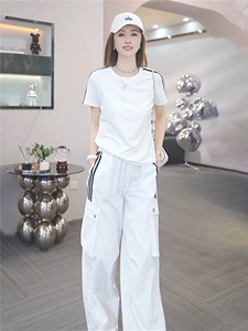 女夏季高级感休闲运动套装圆领收腰短袖上衣休闲束脚长裤两件套潮图片