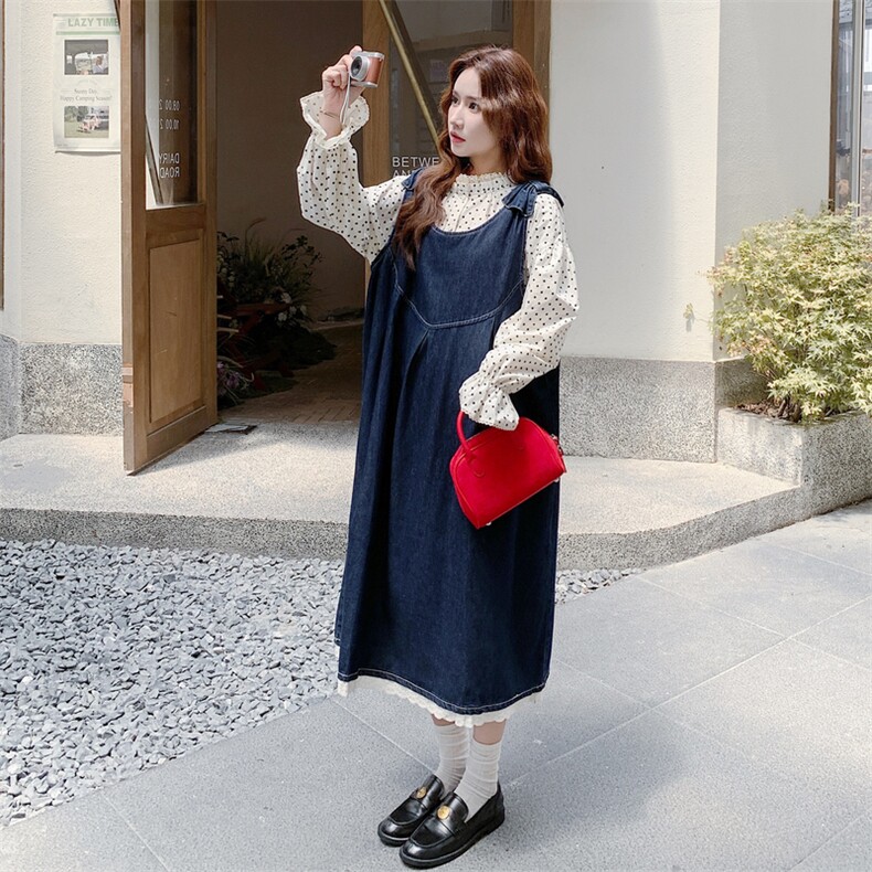 慵懒风减龄波点衬衫牛仔背带连衣裙套装女春秋新款日系宽松两件套,女装套装/套裙,2C056