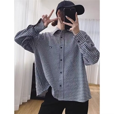 TY1008-P35春秋文艺复古小格子双层棉纱长袖衬衫女宽松百搭，男装衬衫，电商B323A