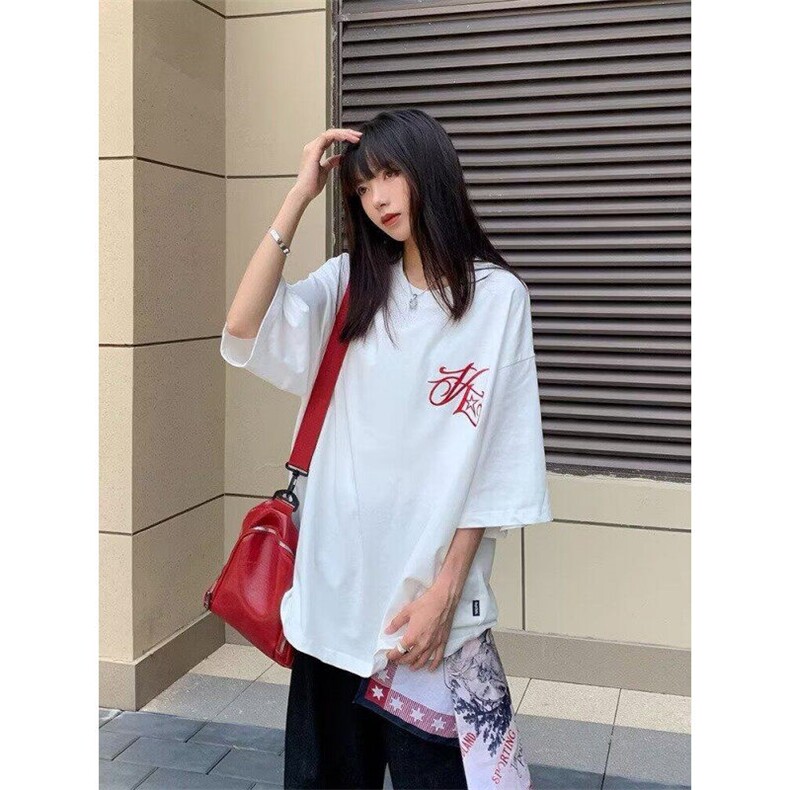夏季美式高街后背字母印花短袖T恤男女潮牌宽松休闲情侣圆领上衣,男装T恤,星座506A