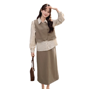 设计感条纹衬衫马甲西服套装女2025春季新款韩版轻熟风气质三件套图片