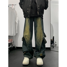 2023美式复古做旧水洗牛仔裤男高街Vibe拼接直筒阔腿裤K7609-P53，男装牛仔裤，星座512-3