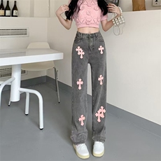 十字架牛仔裤女夏新款高腰直筒宽松阔腿裤裤子高街ins潮，男装牛仔裤，星座1210-1