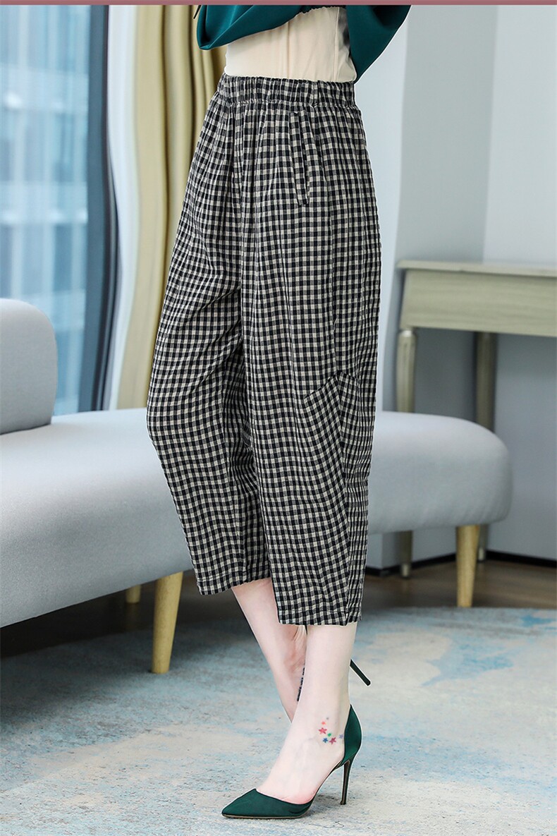 2021年夏季新款千年格休闲棉麻松紧腰裤子,女装汉服/婚纱/旗袍/礼服,蓝诺裳