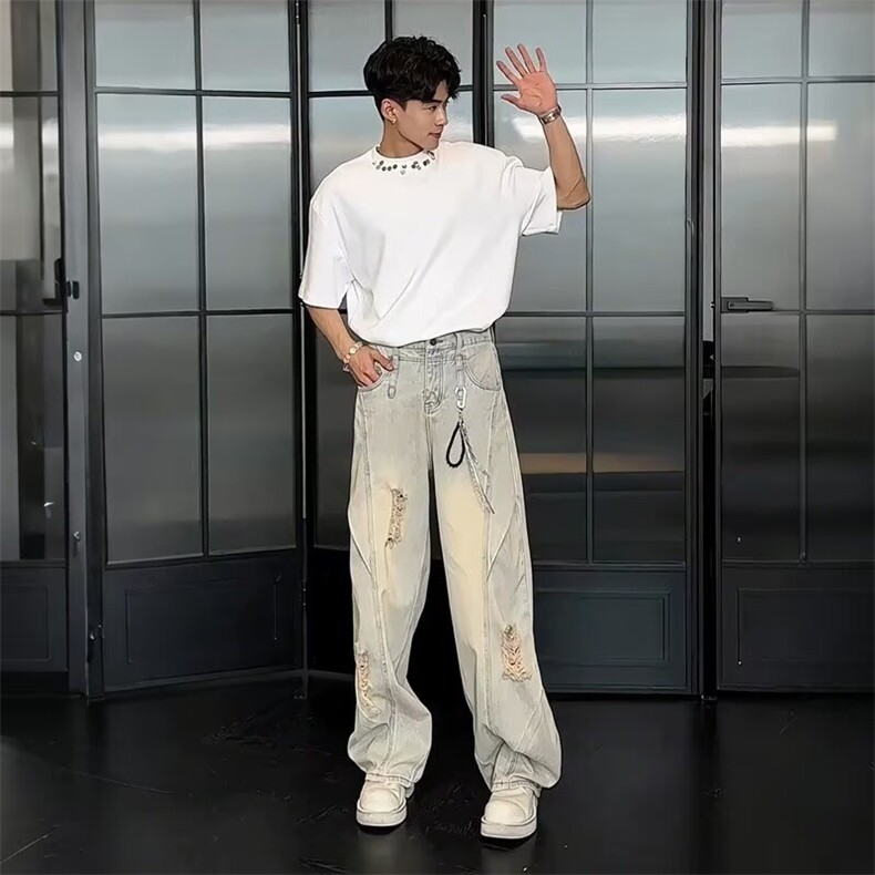 美式高街破洞牛仔裤男款夏季潮牌百搭水洗工艺vibe弯刀裤解构长裤,男装牛仔裤,星座603-2