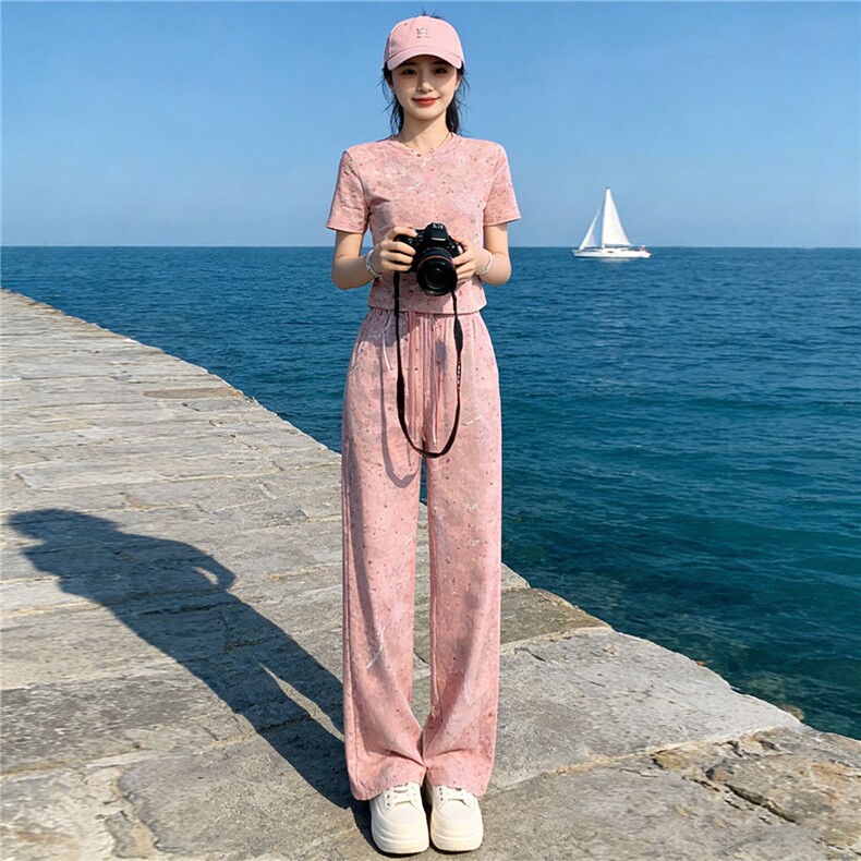 女夏季欧货潮流时尚运动休闲套装粉色扎染短袖上衣阔腿长裤两件套,女装套装/套裙,江南