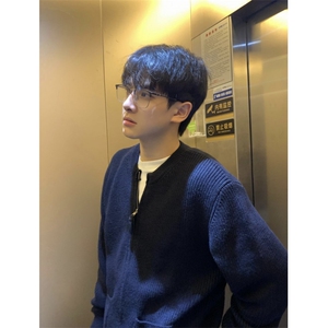 藏青色开衫毛衣男士冬季高级感韩系慵懒风cleanfit针织棒球领外套图片