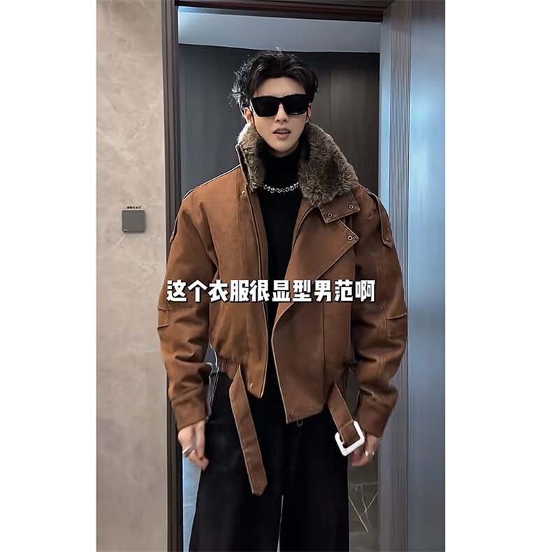 抖音冬季潮流美式复古水洗毛领牛仔棉服外套M222-P165网图,男装棉衣,电商B267