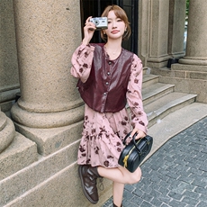 24秋新安哥拉红PU皮马甲+玫瑰花连衣裙两件套2C239-SS20-P160K238，女装套装/套裙，2C239