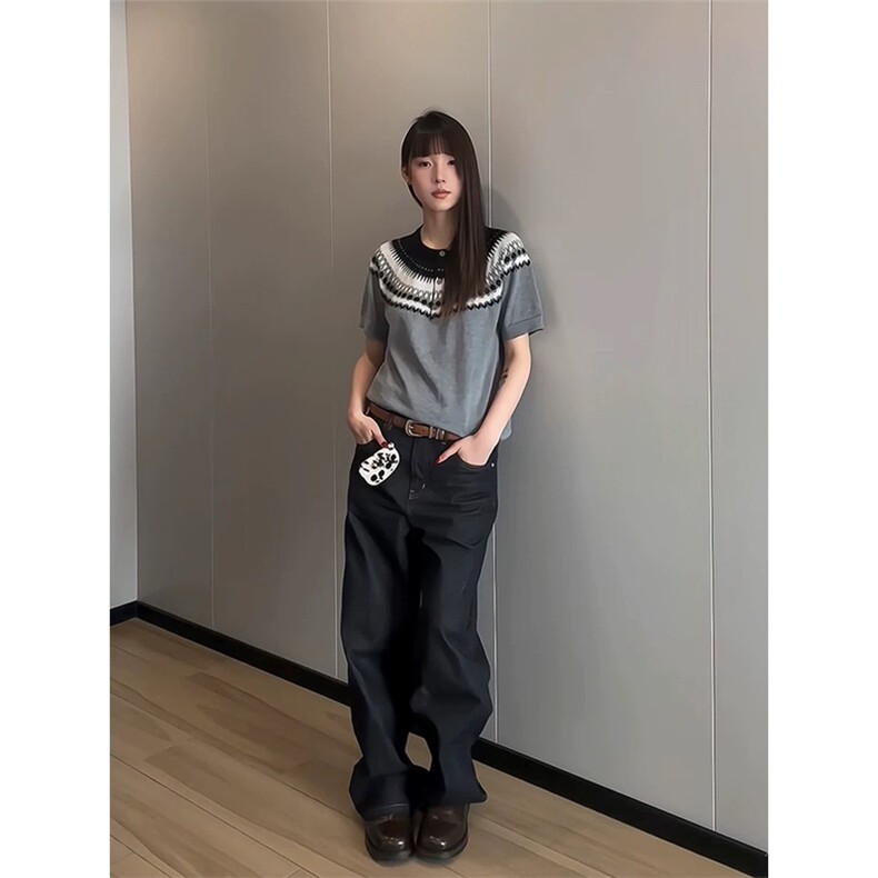 网图有货夏季费尔岛亨利领针织衫短袖T恤男女老钱风上衣A637-P45,男装T恤,星座1505