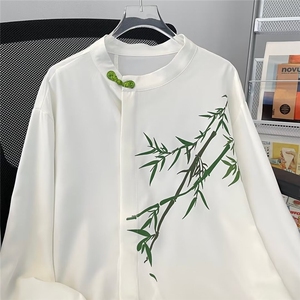 新中式男装风翠竹印花长袖衬衫男女改良版汉服清冷感禅意上衣图片