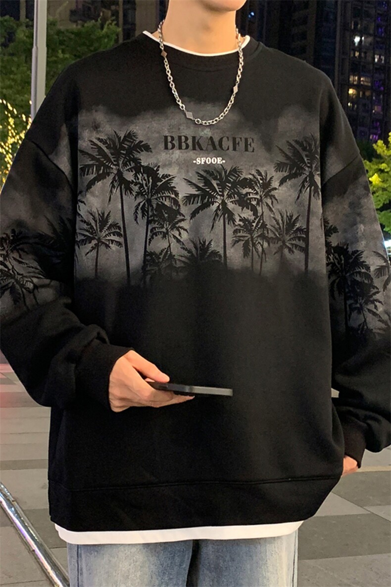 假两件卫衣男款春秋季青少年椰子树印花潮牌宽松大码重磅无帽外套,男装卫衣,电商A022