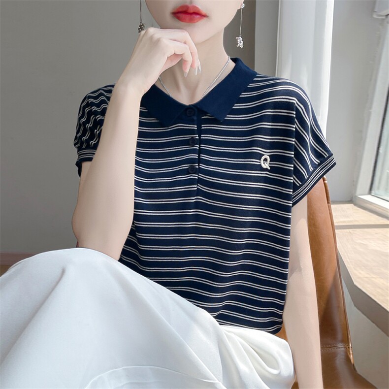 夏季新款莱赛尔天丝翻领Q刺绣条纹短袖女宽松百搭显瘦时尚上衣,女装T恤,暖娇绒包芯纱店