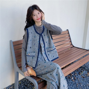 小香风刺绣马甲阔腿裤套装女2025秋季新款设计感时尚打底衫三件套图片