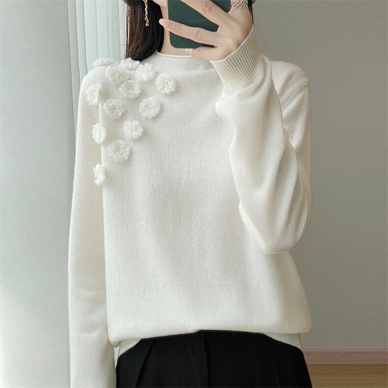 卷边半高领1000%纯羊毛衫女刺绣花朵针织毛衣宽松羊绒衫长袖打底，女装针织衫/毛衣，江南羊绒