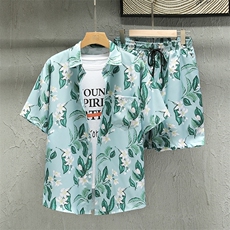 夏季青年花色印花衬衫套装男士多色宽松短裤套装TZ008-P45-控价79，男装休闲套装，电商A128