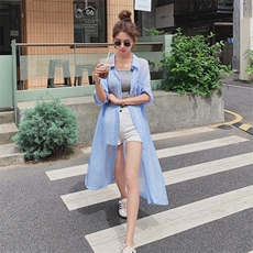 高级感蓝色五分袖条纹衬衫外套女夏2025新款宽松休闲防晒长款上衣，女装衬衫，浙宝217
