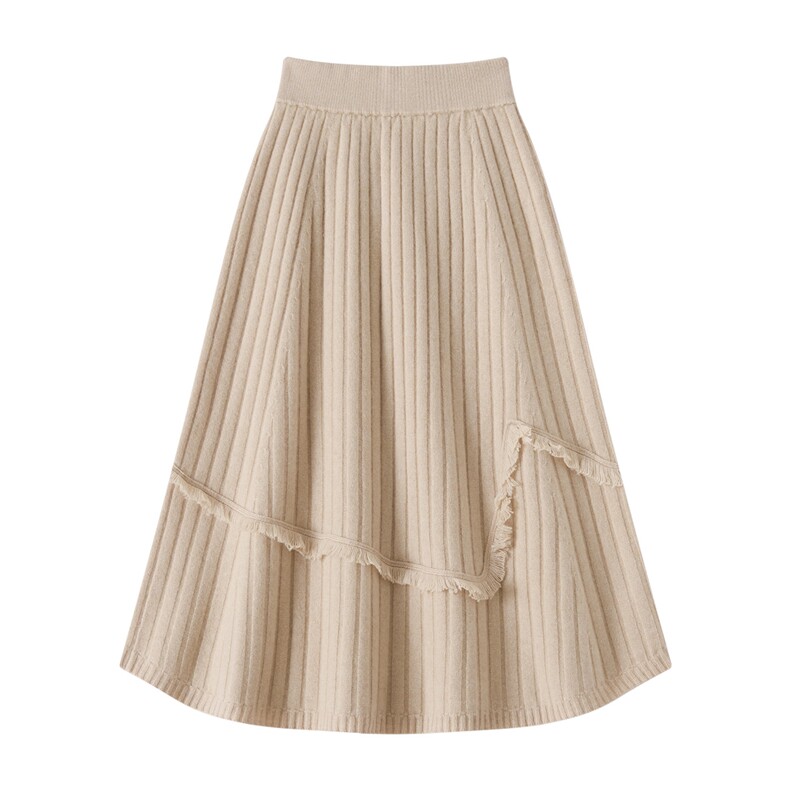 2025秋冬新款山羊绒流苏半身裙A型长裙纯色加厚裙子，女装半身裙，珍丝贝尔