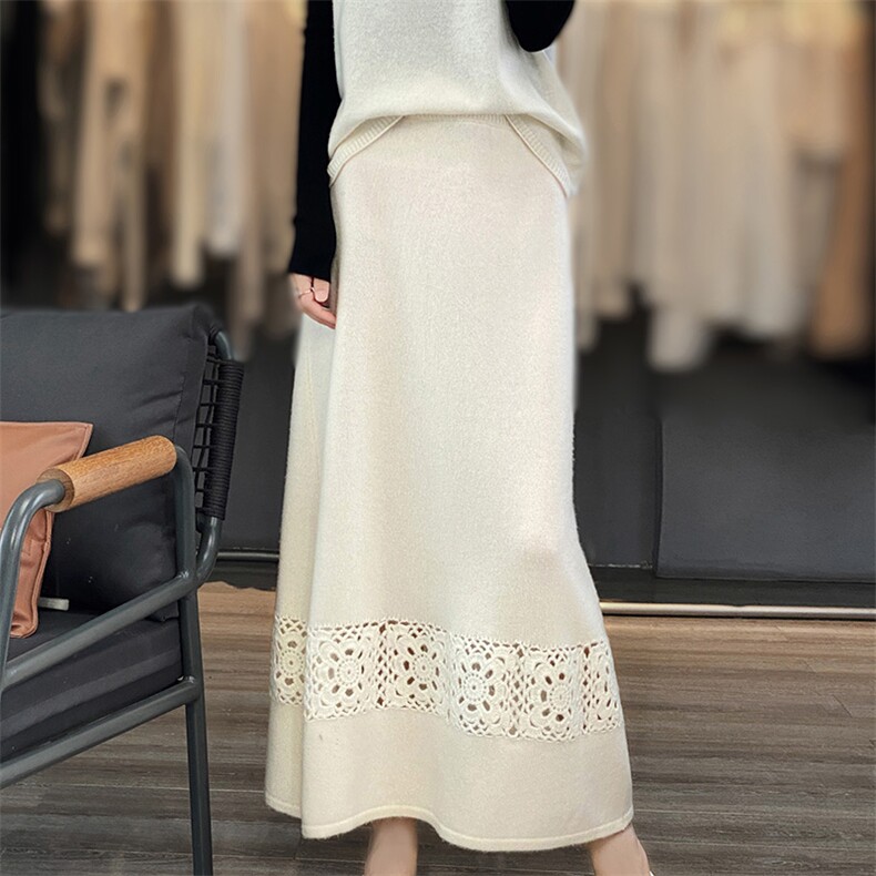 秋冬新款镂空针织100%纯羊毛半身裙女纯色高腰A字裙中长款羊绒裙，女装半身裙，江南羊绒
