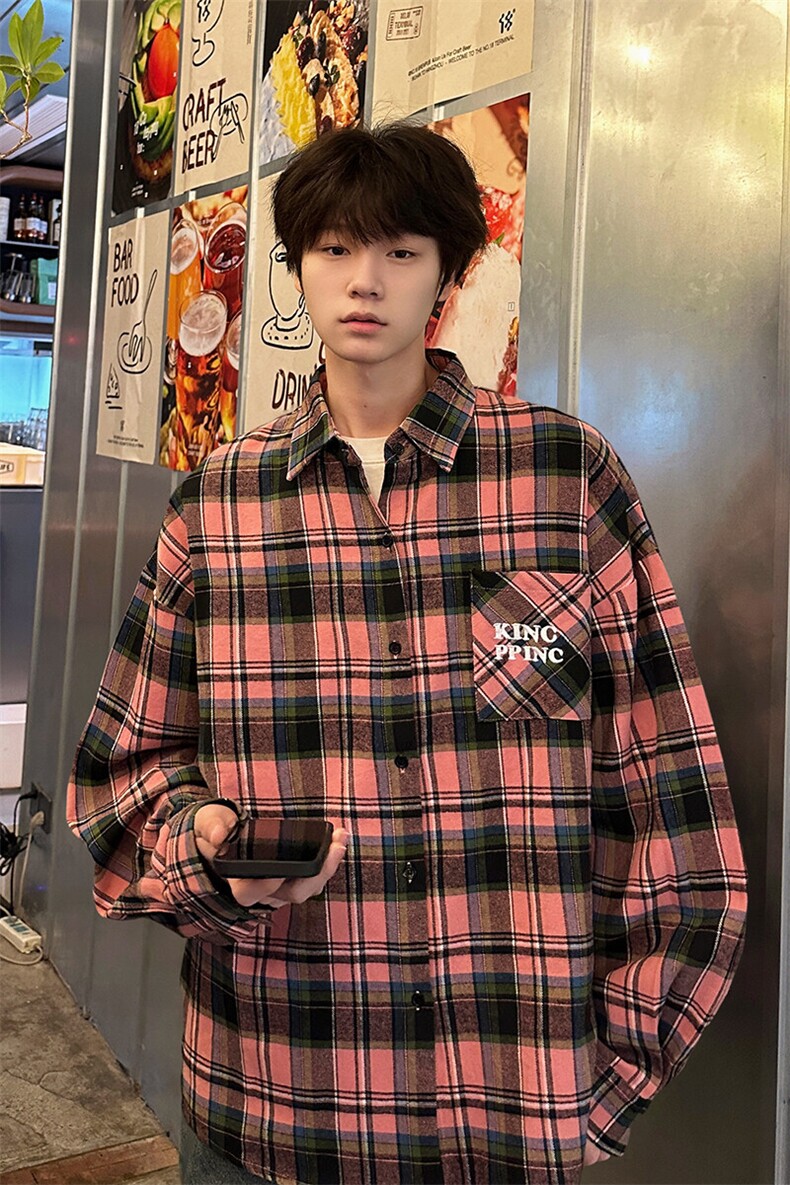 粉红色格子衬衫男款长袖美式复古高级感痞帅胖子大码休闲衬衣外套,男装衬衫,电商D206-1