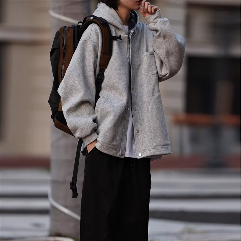 春秋季新款日系复古纯色格纹开衫男女休闲宽松连帽卫衣外套气质，女装短外套，星座506A