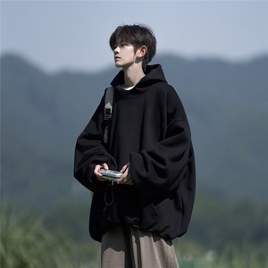 加绒卫衣男连帽2025秋冬新款ing美式宽松纯色潮牌情侣外套男图片