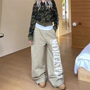 个性韩版字母印花弯刀牛仔裤女春秋新款宽松阔腿拖地工装牛仔裤子图片