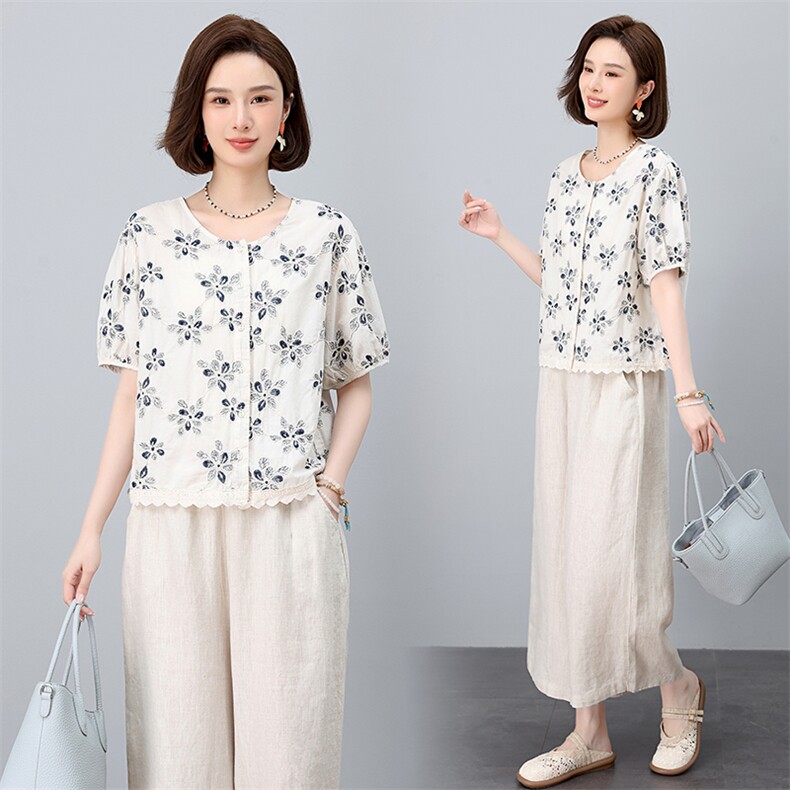 时尚绣花套装女夏季2025年新款妈妈洋气宽松短袖衬衫九分裤两件套，女装套装/套裙，奕阳依阁