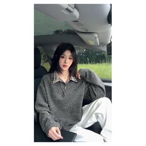 小香风翻领雪尼尔长袖t恤男秋季潮牌卫衣情侣重磅打底衫WY3266图片