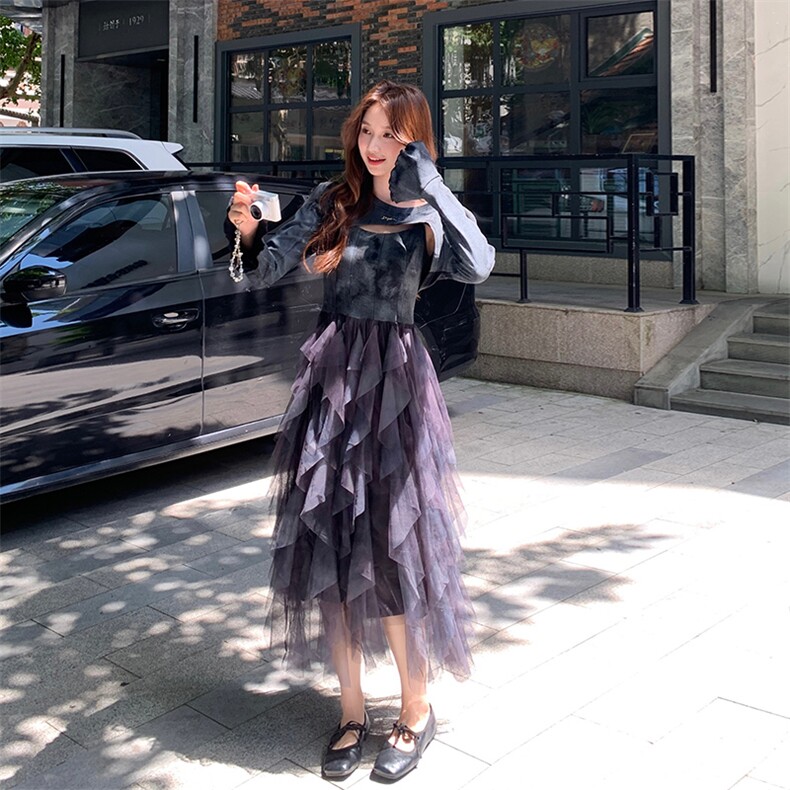 温柔千金风穿搭紫色吊带连衣裙加开衫女春秋超火好看高级长裙套装,女装连衣裙,纯色衣恋