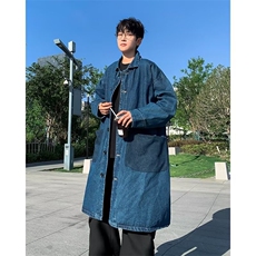 简约工装牛仔风衣男口袋拼接宽松中长款外套蓝色牛仔大B08/P78，男装风衣，星座506