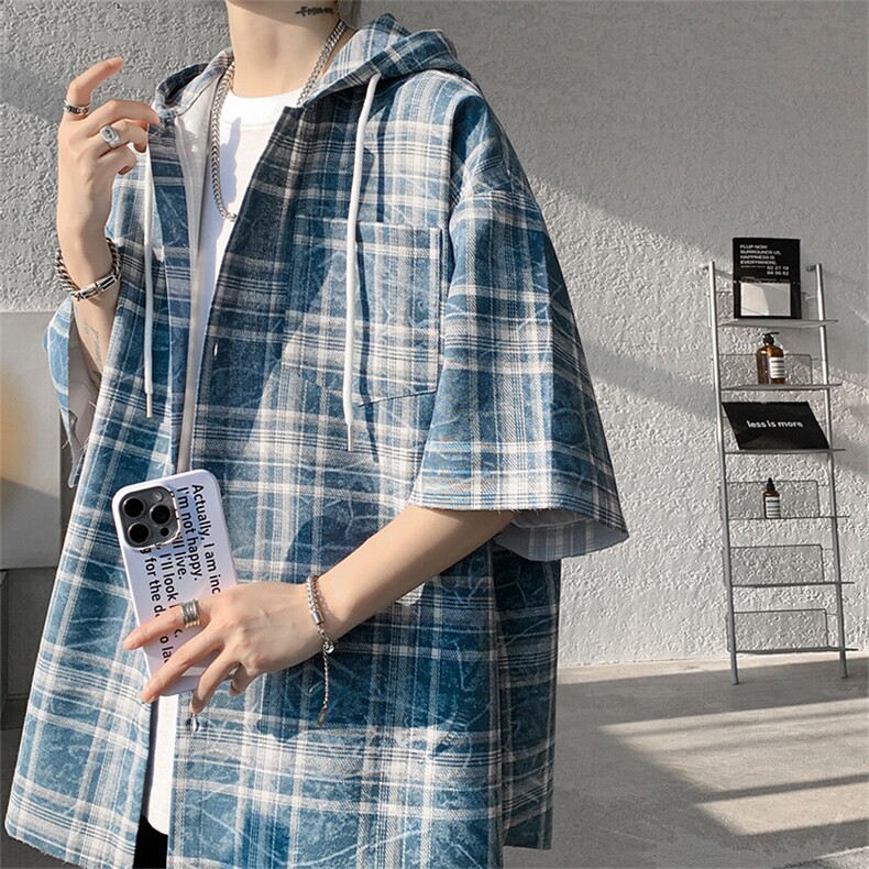 CS6016-特P30控58夏季美式复古格子连帽短袖衬衫男女接头宽松,男装T恤,电商A058-1（原电商C417）