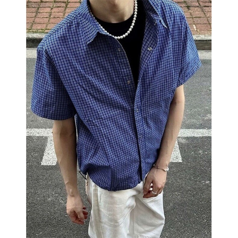 格纹短袖衬衫男初夏穿搭抽绳格子衬衣老钱风半袖外套C217,男装T恤,星座1116A（原606A-3）