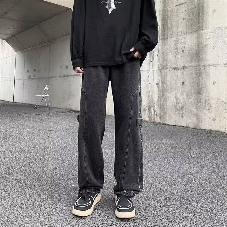 美式牛仔裤裤子vibe高街设计复古拉链直筒开叉宽松休闲长裤NZG02,男装牛仔裤,星座516A