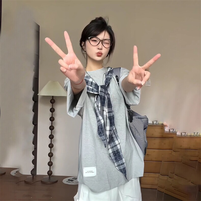 拼接格子布装饰高品质260克双纱纯棉美式高街短袖T恤特P35,男装T恤,电商A486