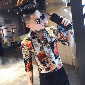 312A-901-P50新款社会小伙中袖衬衫韩版潮流男士五分袖衬衣B
