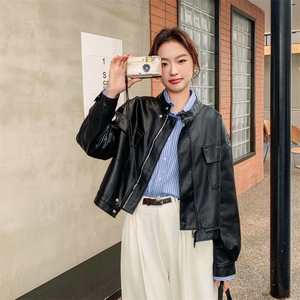 黑色酷飒减龄短款皮衣外套女秋季2025复古气质淡人机车服pu皮夹克图片
