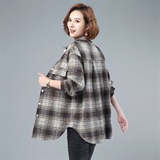2021春秋季新款女装大码宽松加厚格子长袖衬衫中长款休闲衬衣上衣，女装衬衫，伊满意