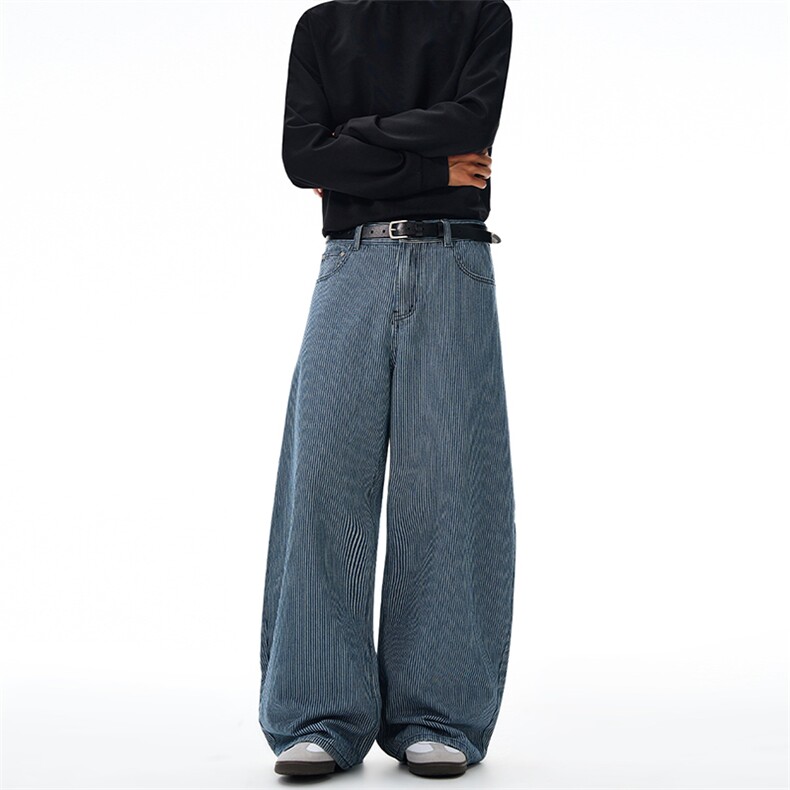 2025秋冬美式复古学院条纹牛仔裤男青少年宽松弯刀情侣百搭长裤子，男装牛仔裤，星座301D-3