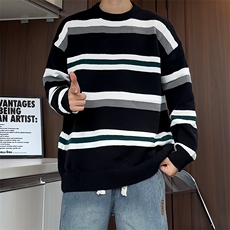 M9106/P60秋冬新款圆领毛衣男百搭简约潮宽松条纹打底针织衫，男装针织衫/毛衣，电商A141