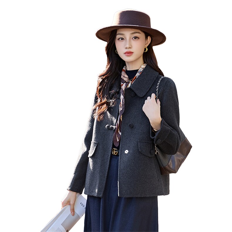 高级感红色毛呢外套女短款2025秋冬新款小个子翻领减龄双面呢大衣,女装毛呢外套,涵亦佰惠