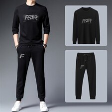 男士春秋季纯色刺绣套装上衣休闲圆领卫衣休闲裤中年长袖俩件装，男装休闲套装，电商B212（原钱塘6029）