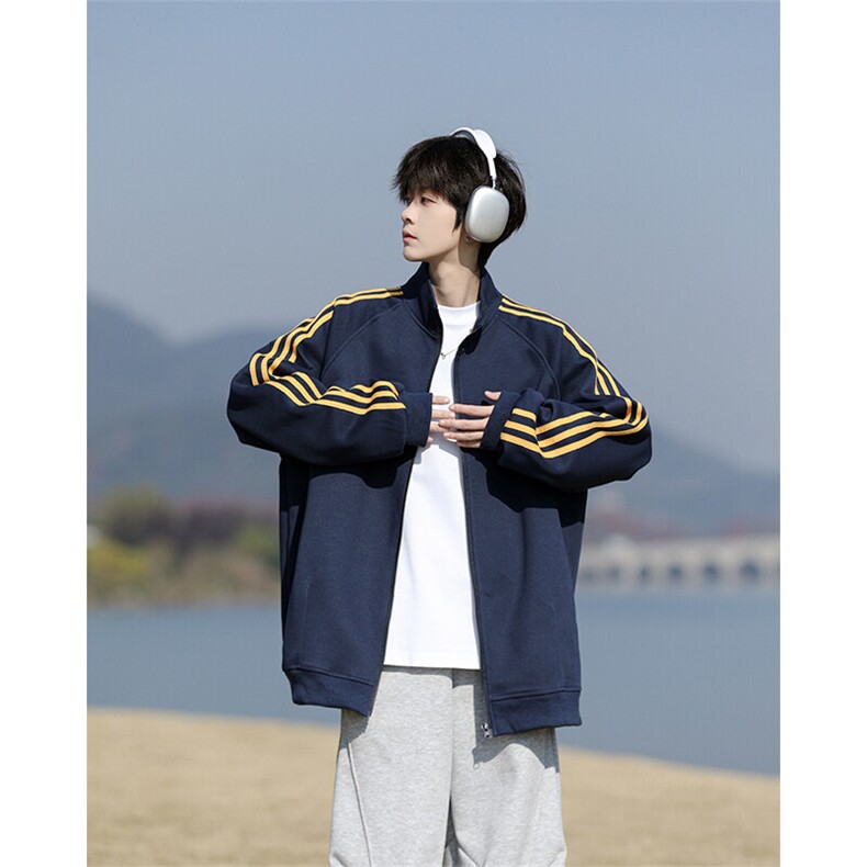 8XL-M三条杠运动卫衣特大码美式条纹立领夹克开衫外套JK5205/P65，男装夹克，电商B238