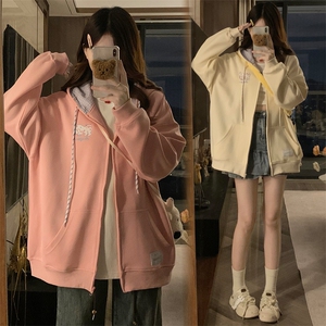 2024新款港风美式vibe潮流宽松百搭刺绣开衫连帽卫衣女ZW388-P75